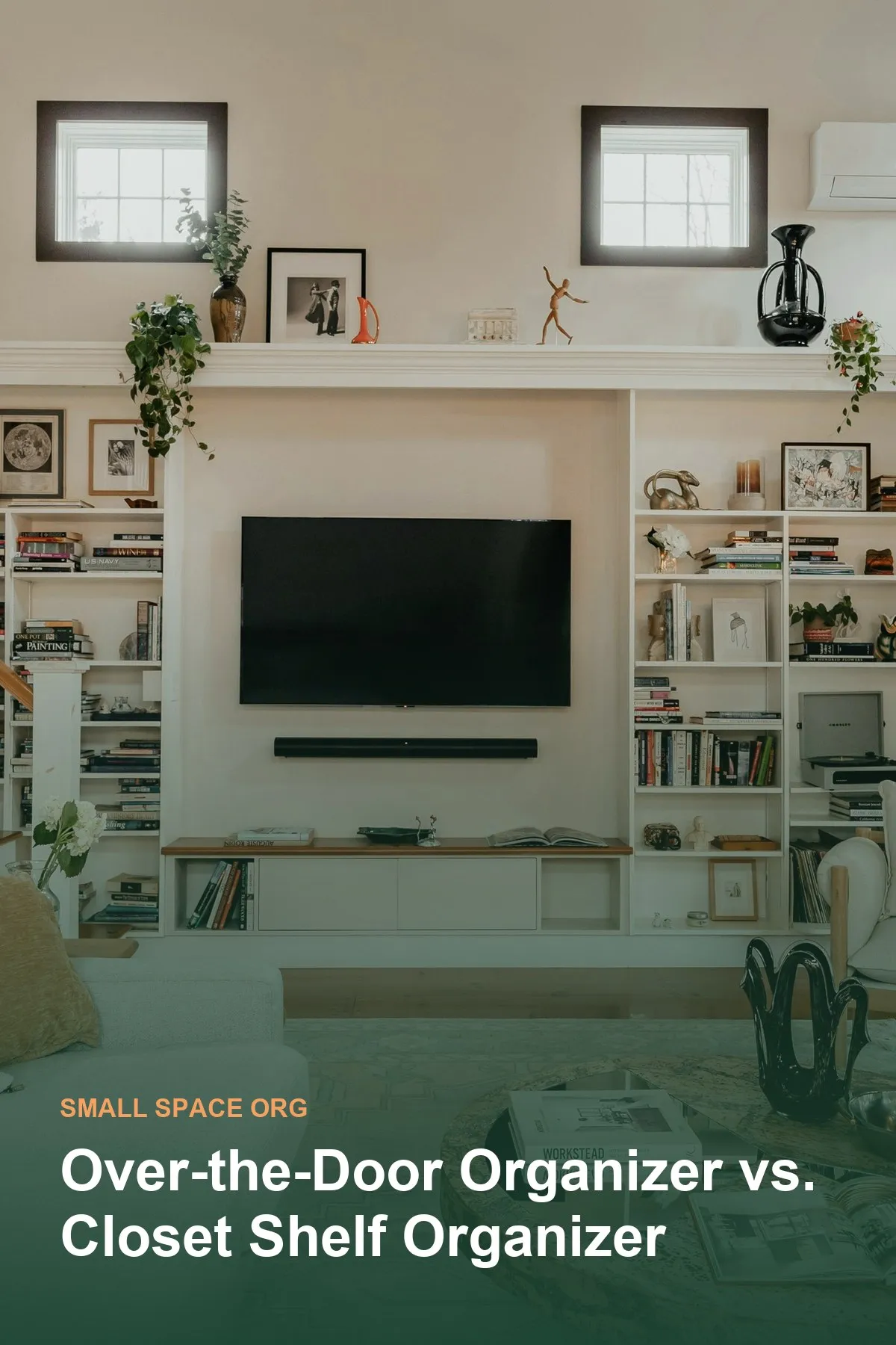A living room with built-in shelving and a wood lattice room divider