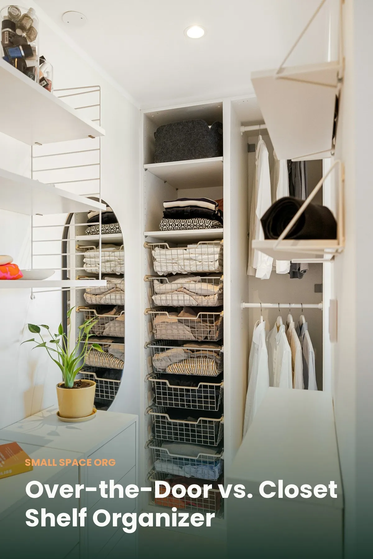 A living room with built-in shelving and a wood lattice room divider