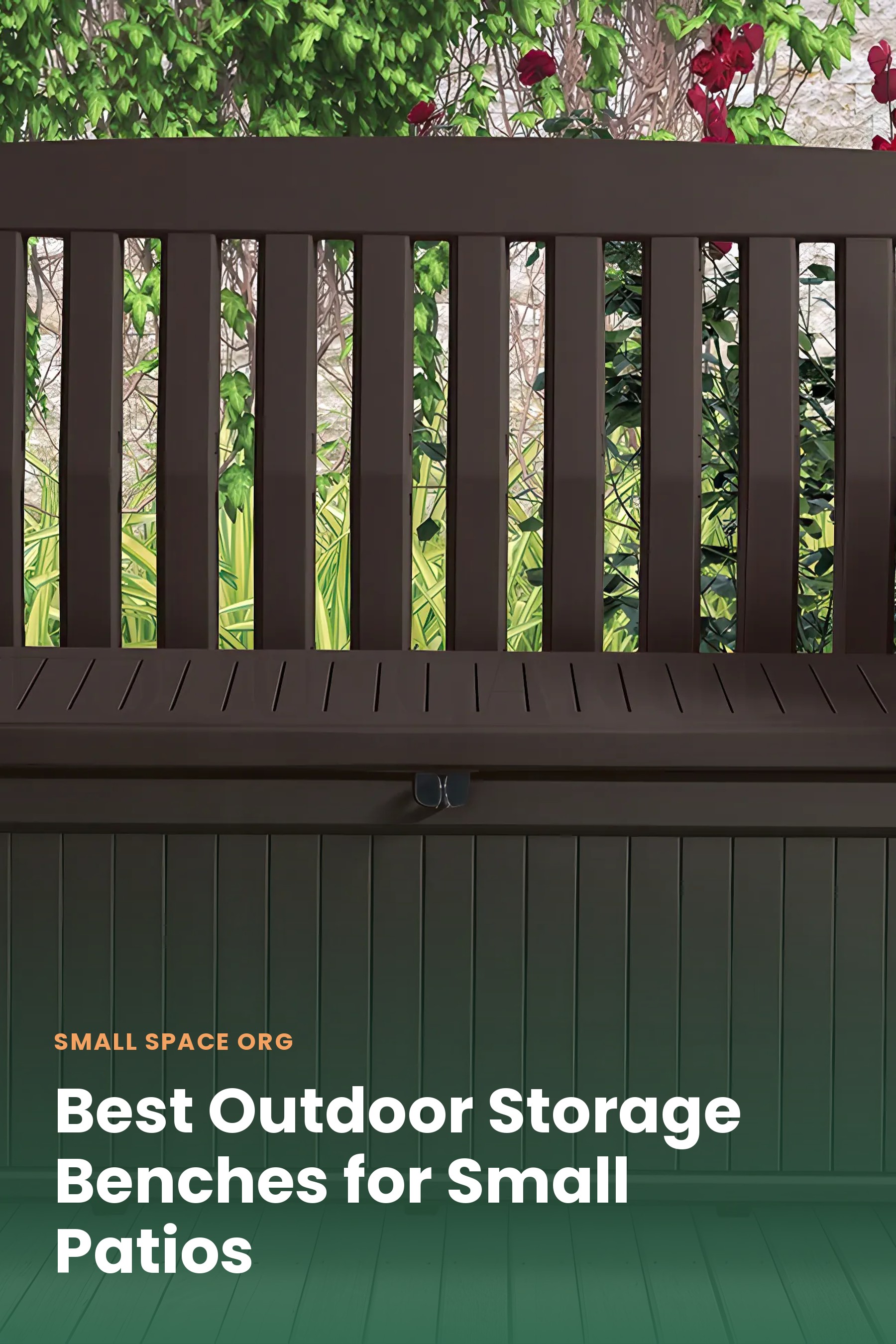 A resin outdoor storage bench with cushions stored inside on a small patio