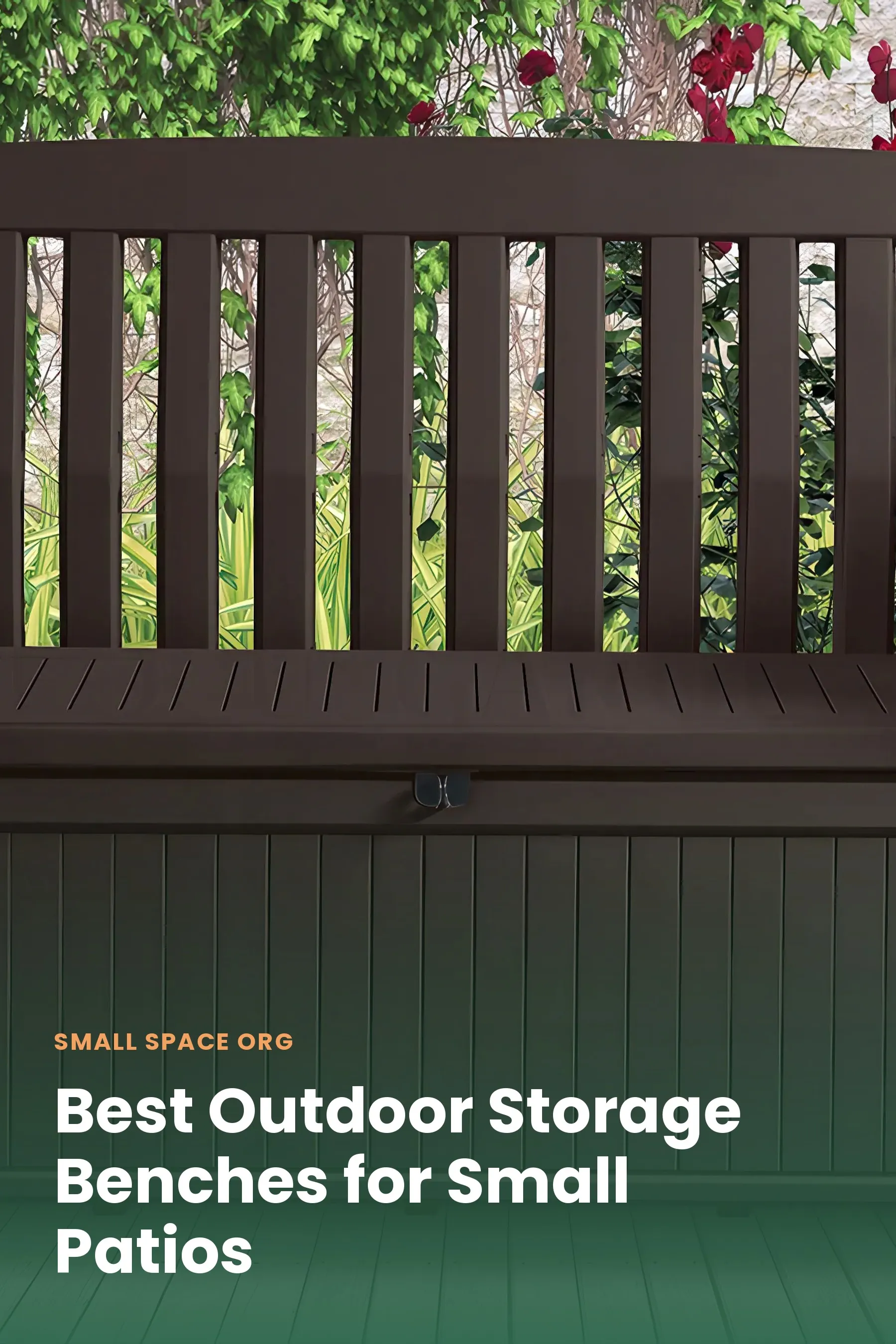 A resin outdoor storage bench with cushions stored inside on a small patio