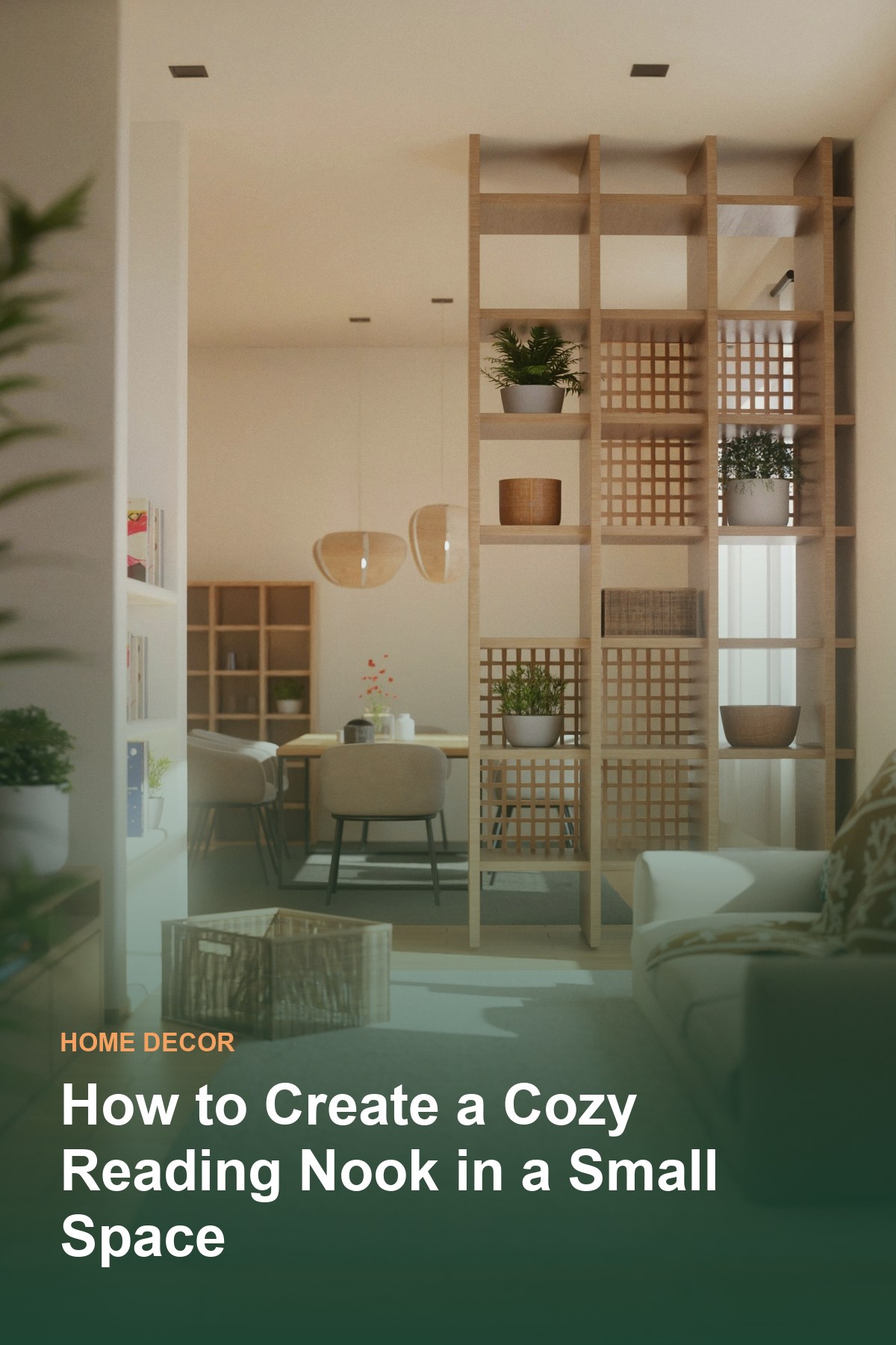 A cozy living room corner with bookshelves and warm lighting