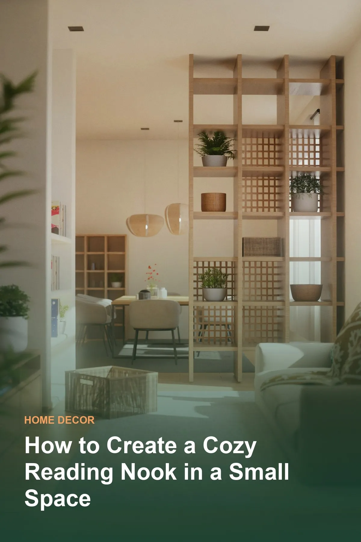 A cozy living room corner with bookshelves and warm lighting