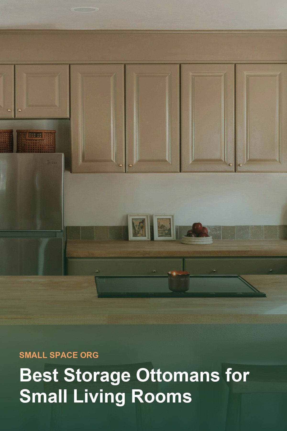 A small kitchen and living space with a compact stool in the corner
