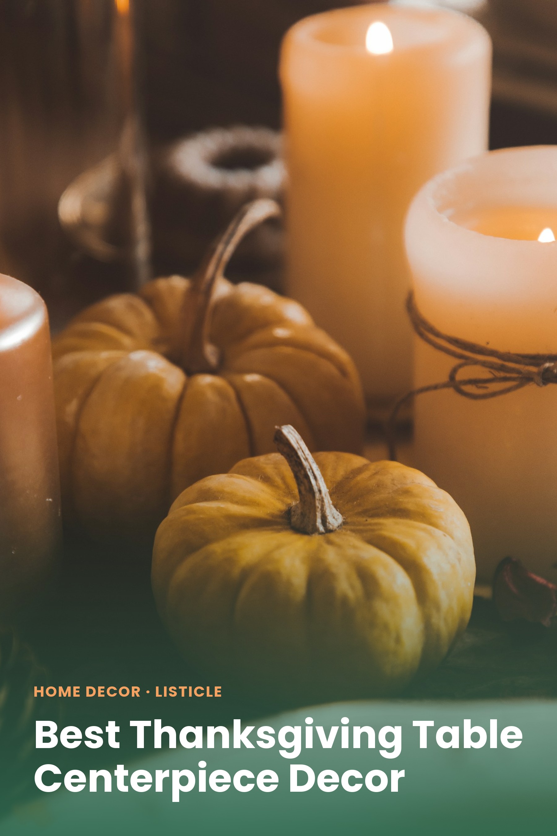 Mini pumpkins and lit candles arranged on a table for a Thanksgiving centerpiece