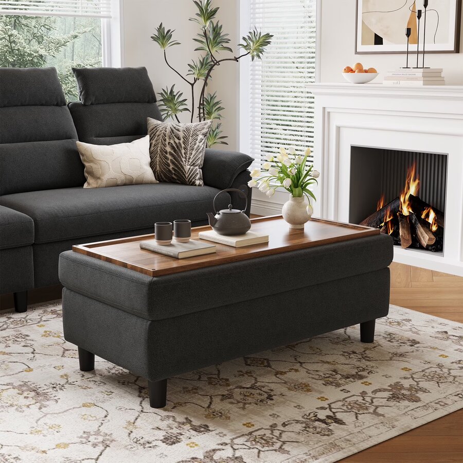 45-inch faux-leather storage ottoman bench with a wooden tray top and solid wood legs