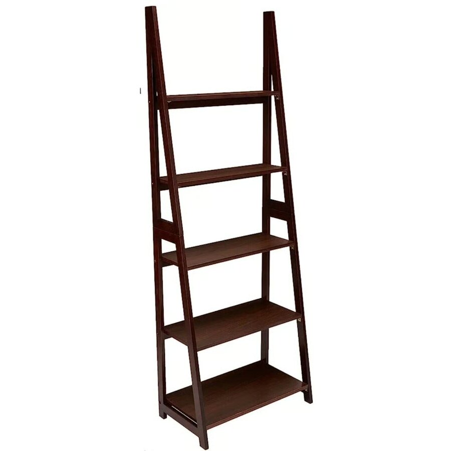 Espresso-brown wooden 5-tier ladder-style bookshelf leaning against a wall