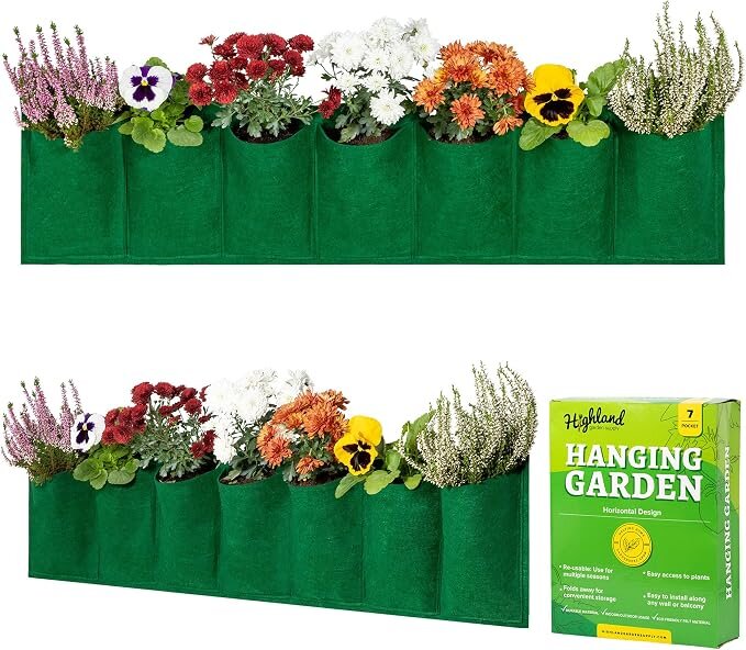 Small felt wall planter with seven pockets in a single horizontal row