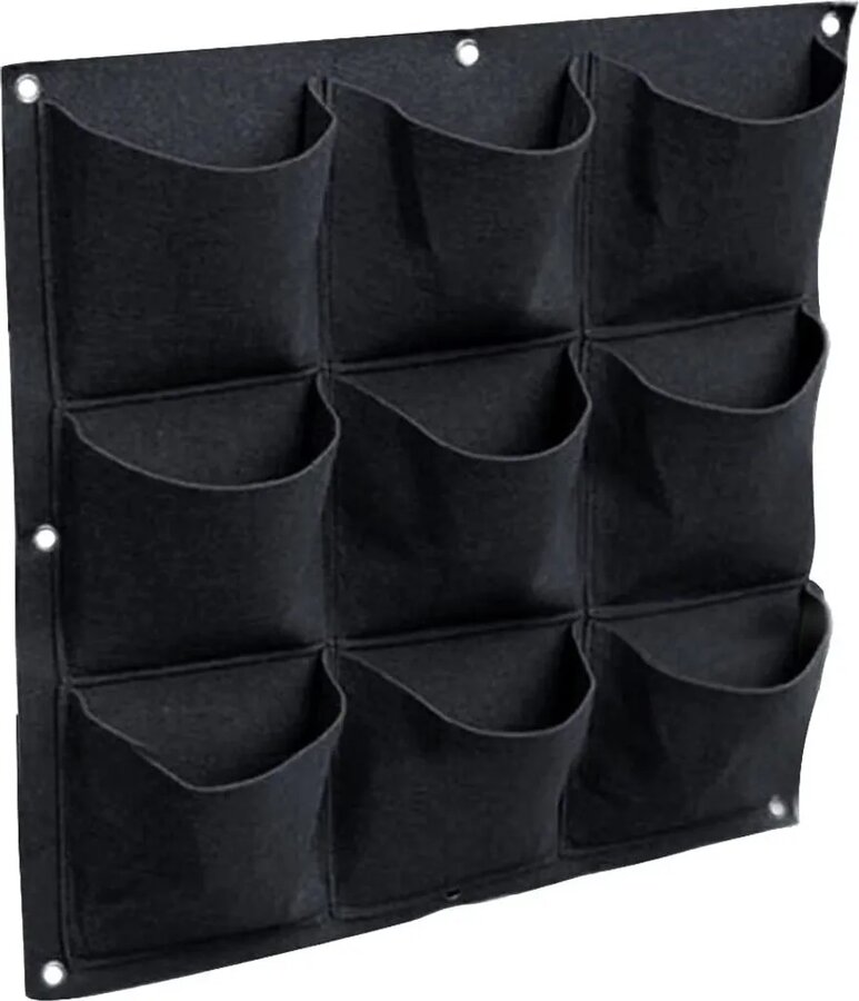 Square grey felt grid planter with nine small fabric pockets in a 3-by-3 arrangement