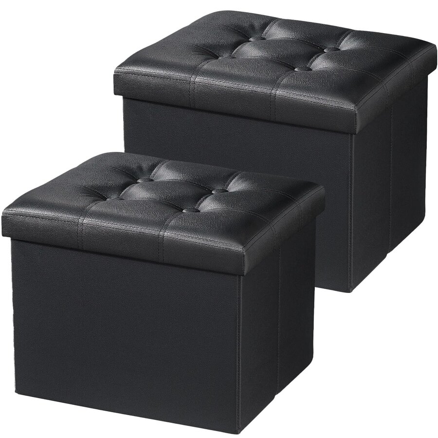 AmasSmile black faux-leather cube ottoman, roughly 17-inch square, box-stitched top