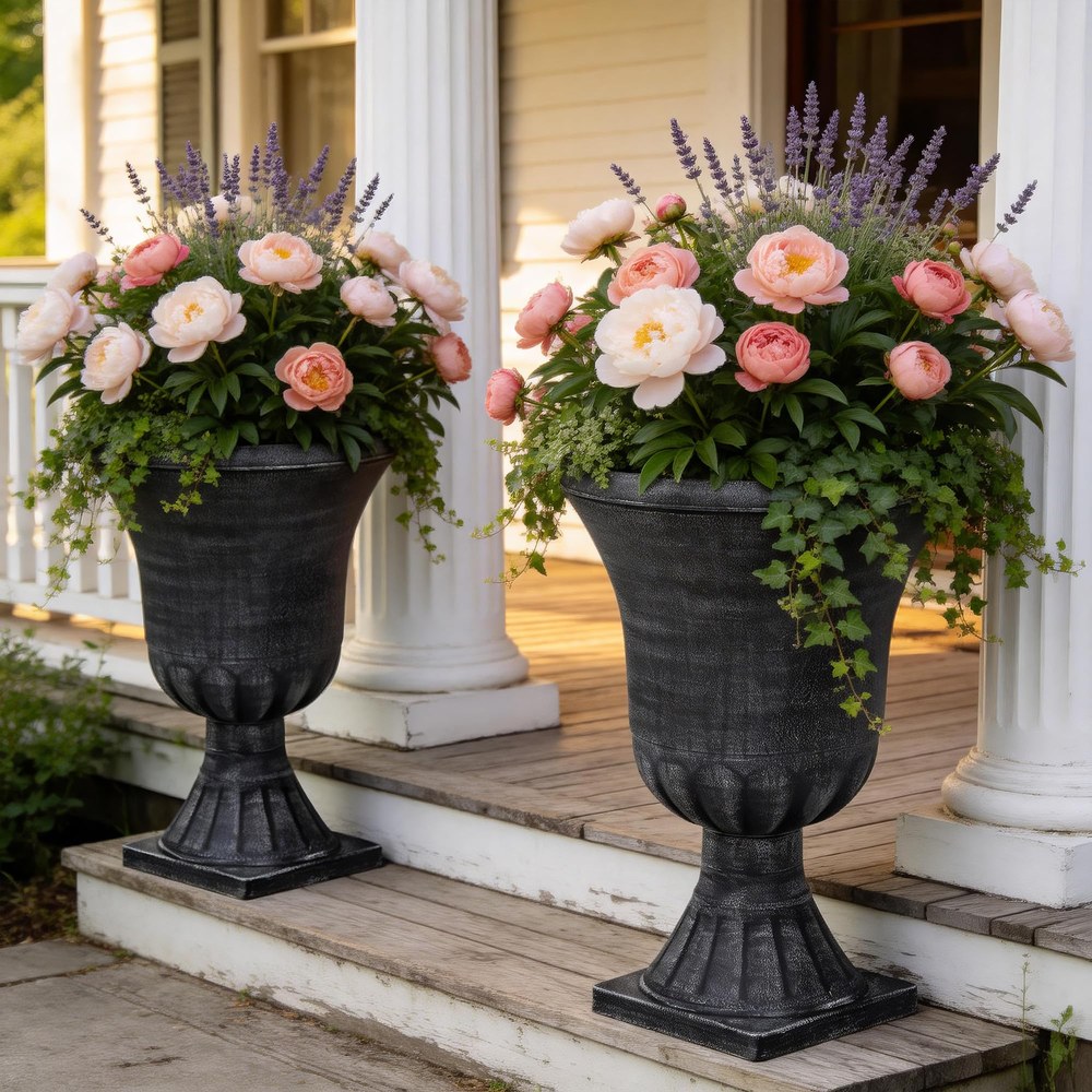 Pair of Autodaya tall washed-black farmhouse-finish planters on a porch