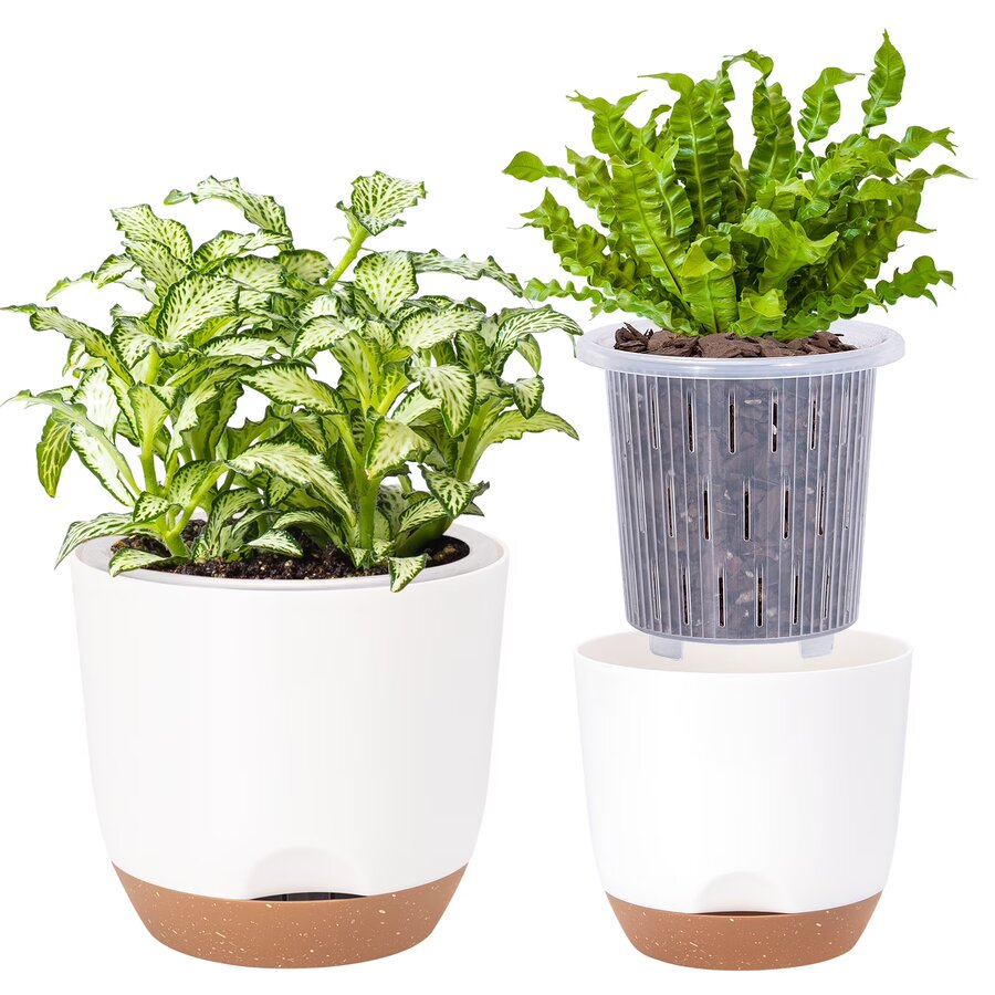 Two white Fielda self-watering pots with cork-colored reservoir bases, one showing the inner mesh insert