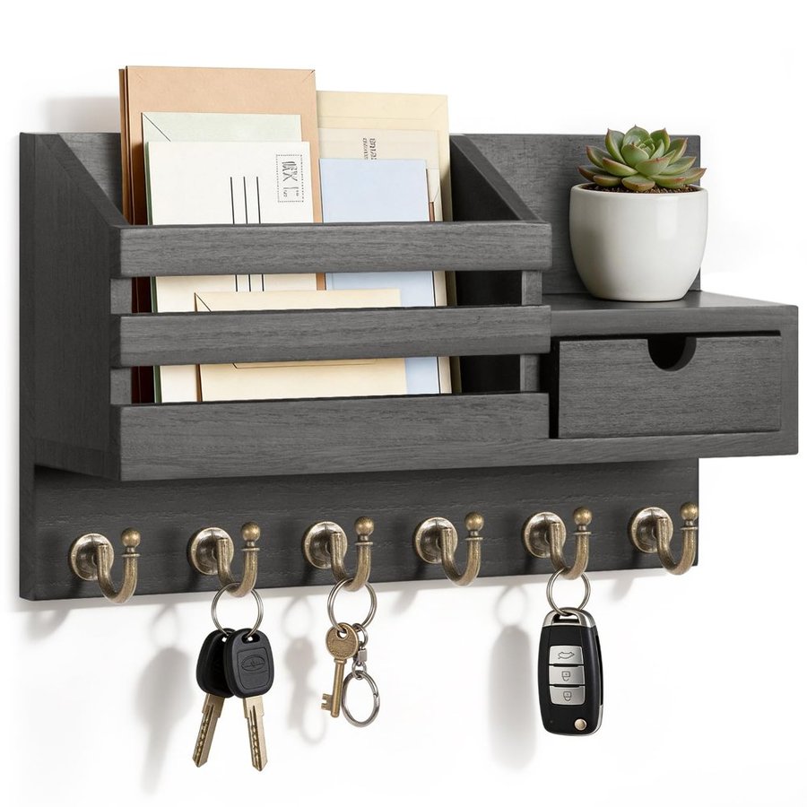 Dark wood wall-mounted mail and key organizer with a mail slot, a small drawer, and six key hooks