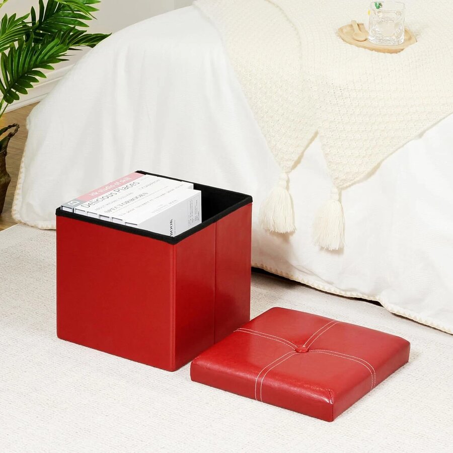 FSOBEIIALEO small faux-leather storage cube ottoman, roughly 12-inch square, flat-topped