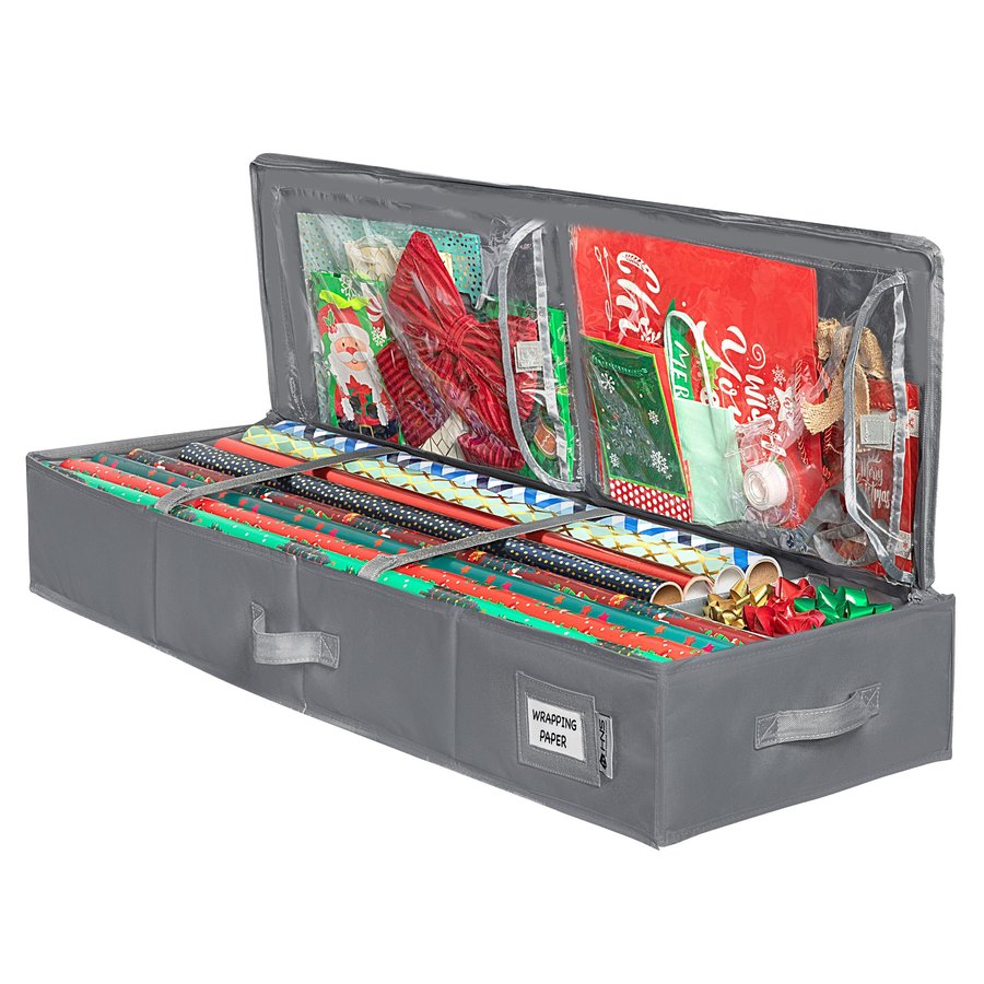 Gray underbed wrapping paper storage container open to show rolls of gift wrap and pockets for ribbons and bows