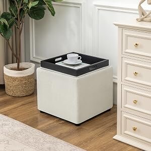 Joveco square fabric ottoman with a flat wooden tray top at coffee-table height