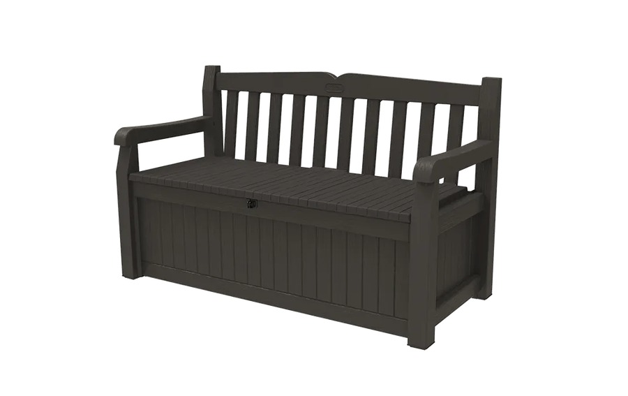 Brown resin Keter Solana 70 gallon storage bench with slatted seatback and armrests