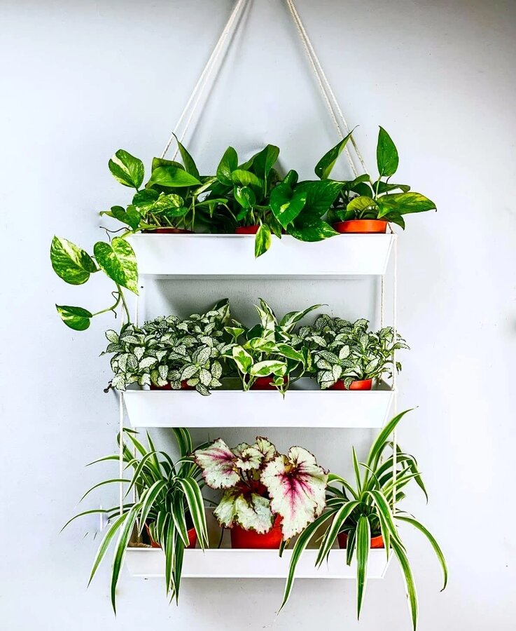 LaLaGreen stacked black rectangular metal planter boxes mounted on a wall, modern farmhouse style
