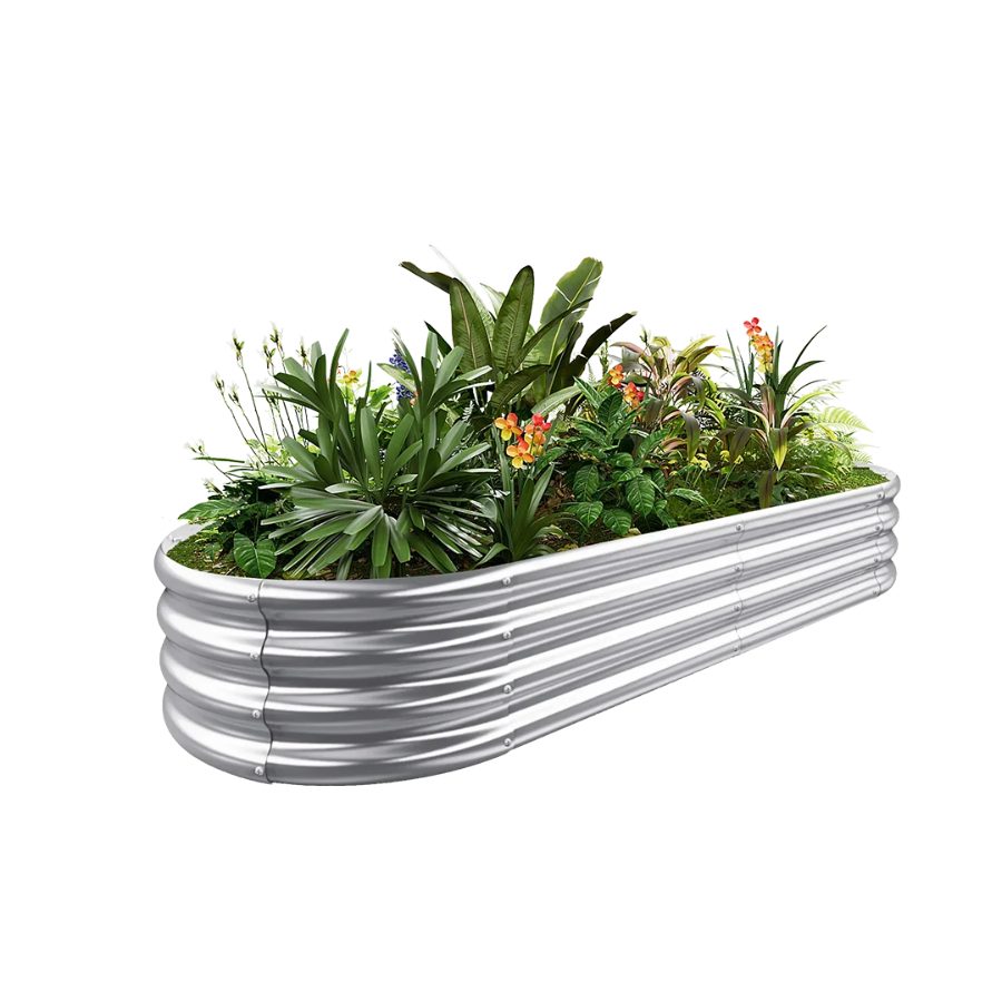 Oval corrugated galvanized steel raised garden bed, low-profile, sitting on grass