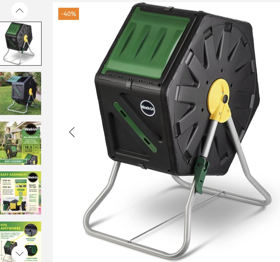 Black and green Miracle-Gro dual chamber compost tumbler with two sliding doors