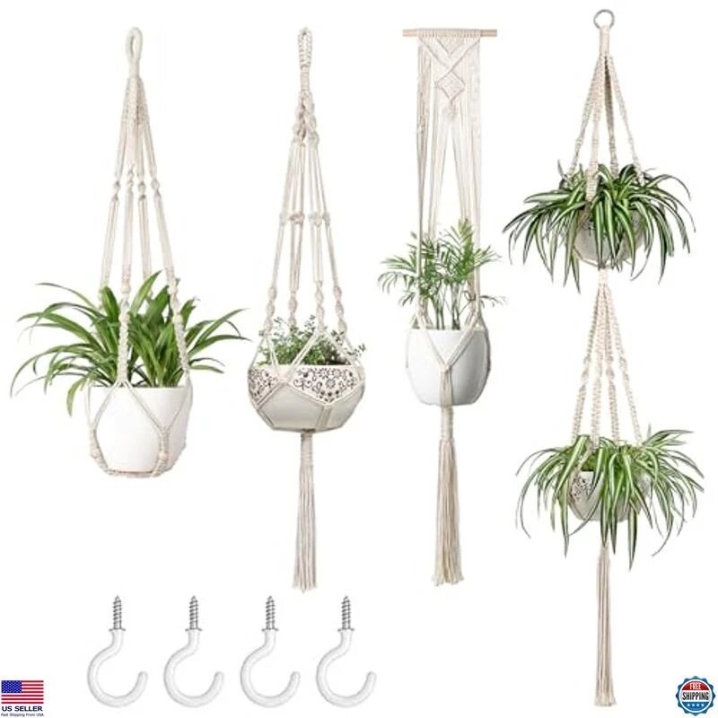 Mkono cream macrame plant hangers of varying lengths, each cradling a round pot