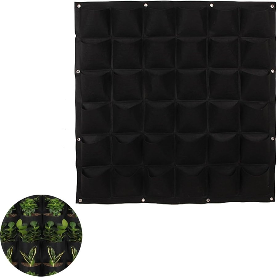 Black felt wall planter with a 6x6 grid of fabric pockets and reinforced steel eyelets