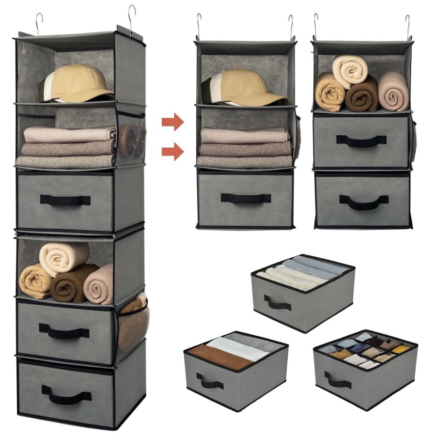 Gray fabric hanging closet organizer, six shelves separable into two 3-shelf units, with drawers