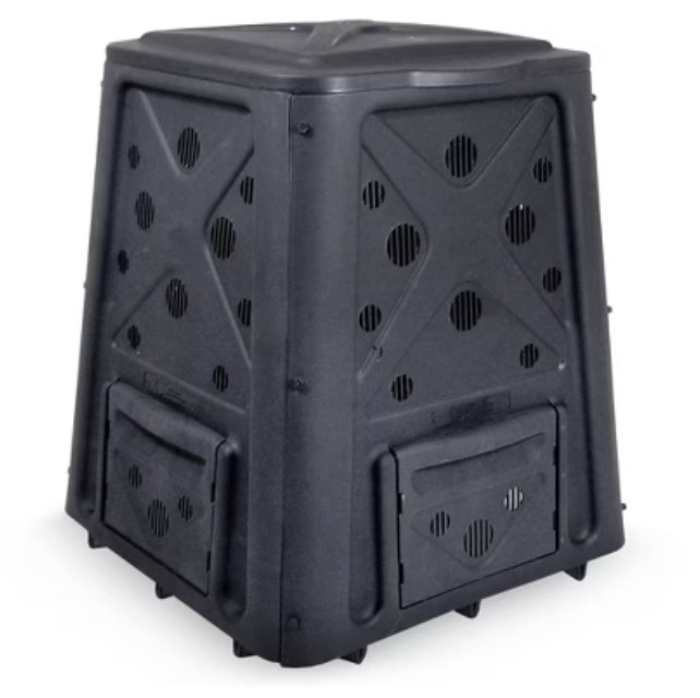 Black trapezoid-shaped Redmon compost bin with a lift-off lid in a backyard