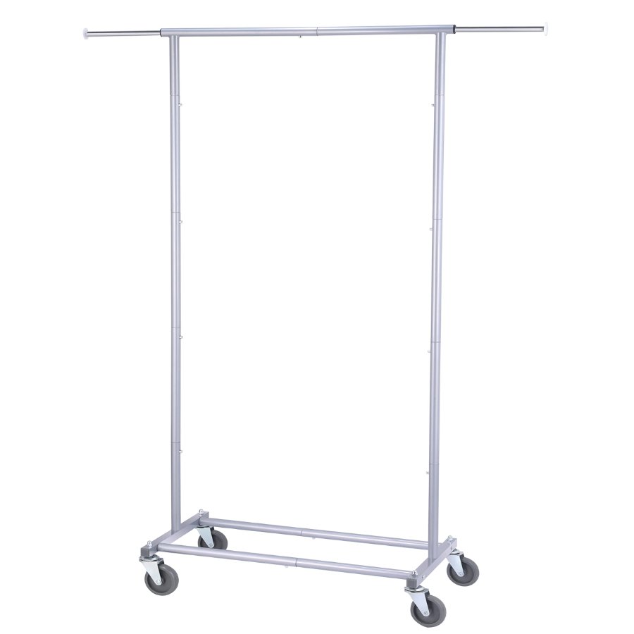 Chrome rolling garment rack with a single hanging rod on wheels
