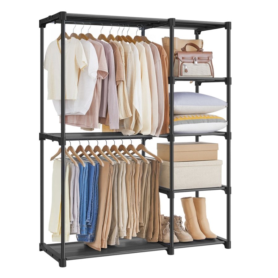 SONGMICS portable fabric wardrobe fully styled with hanging clothes, bags, and shoes