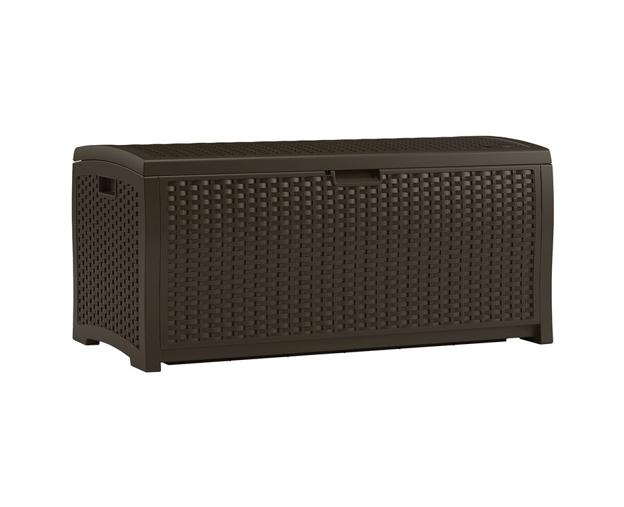 Brown resin wicker-style Suncast 73 gallon deck box with a reinforced lid that doubles as a seat