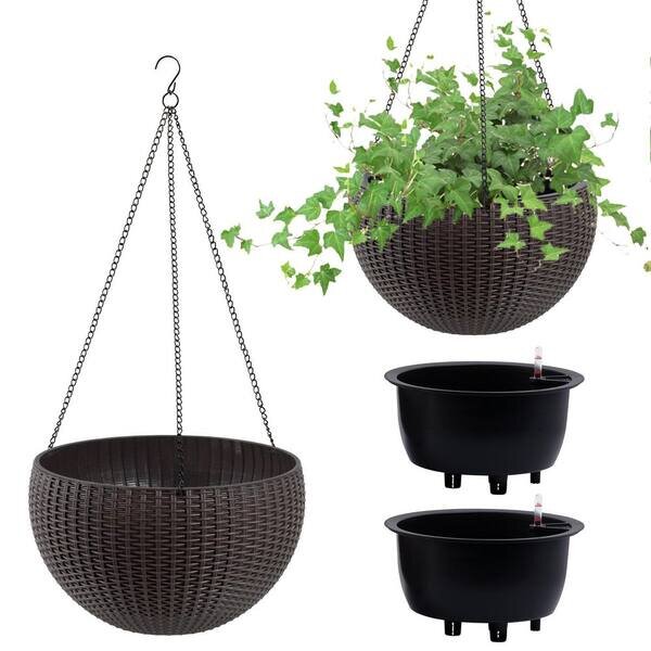 Smooth round brown resin hanging planter pot with woven texture, suspended by a chain, with trailing greenery