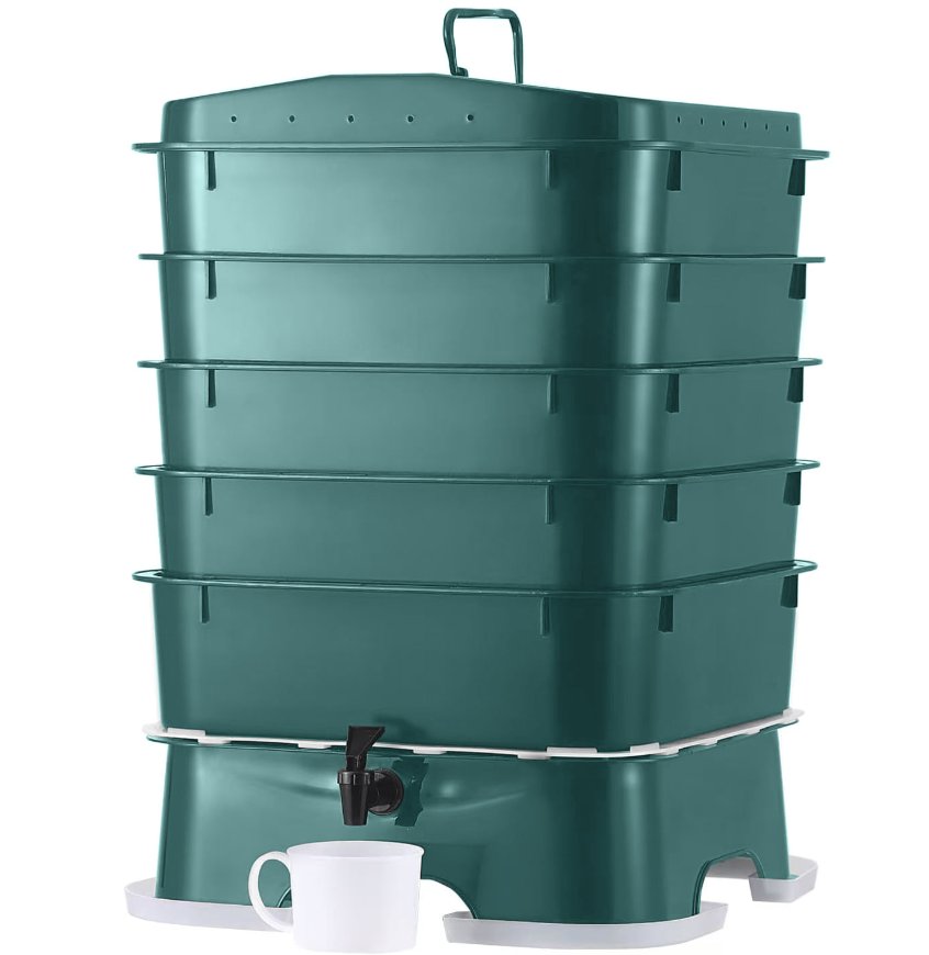 Dark green stacked VermiHut worm compost bin with five trays on a patio