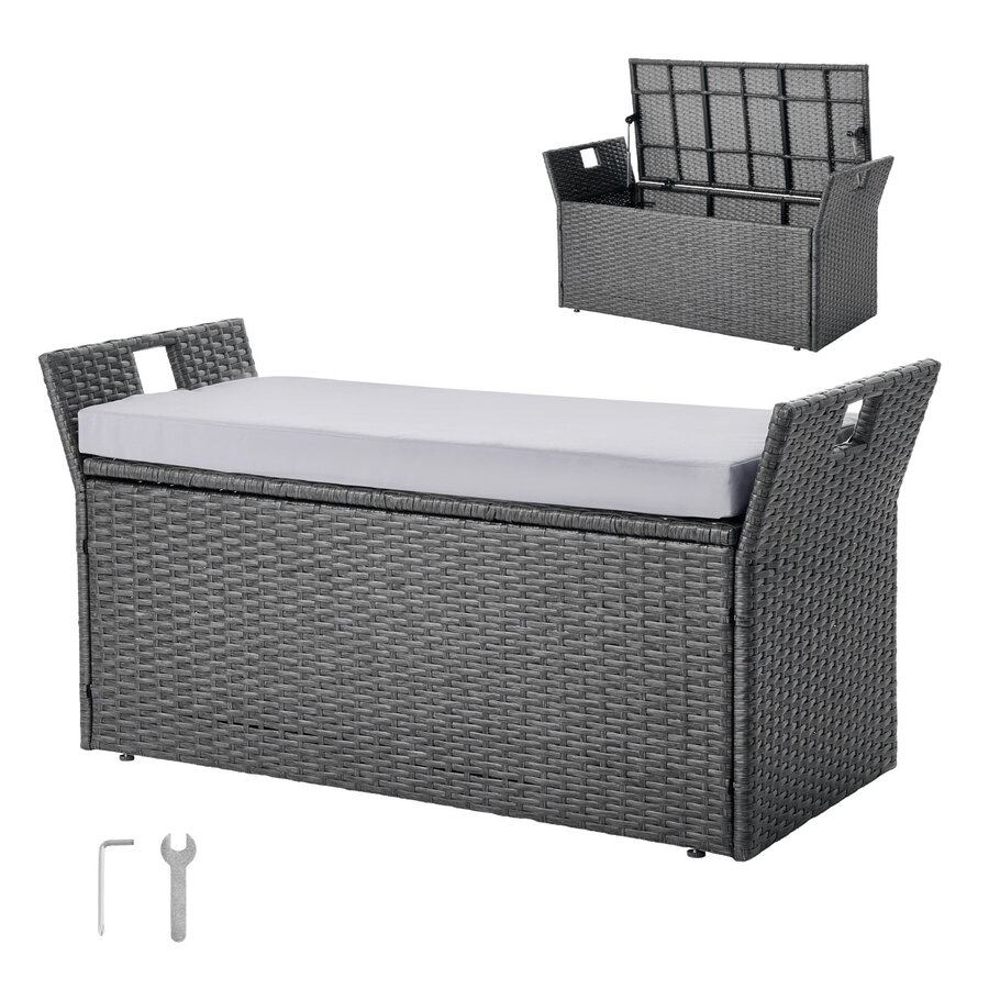 Gray PE rattan outdoor storage bench with a light gray cushion, shown closed and with lid open