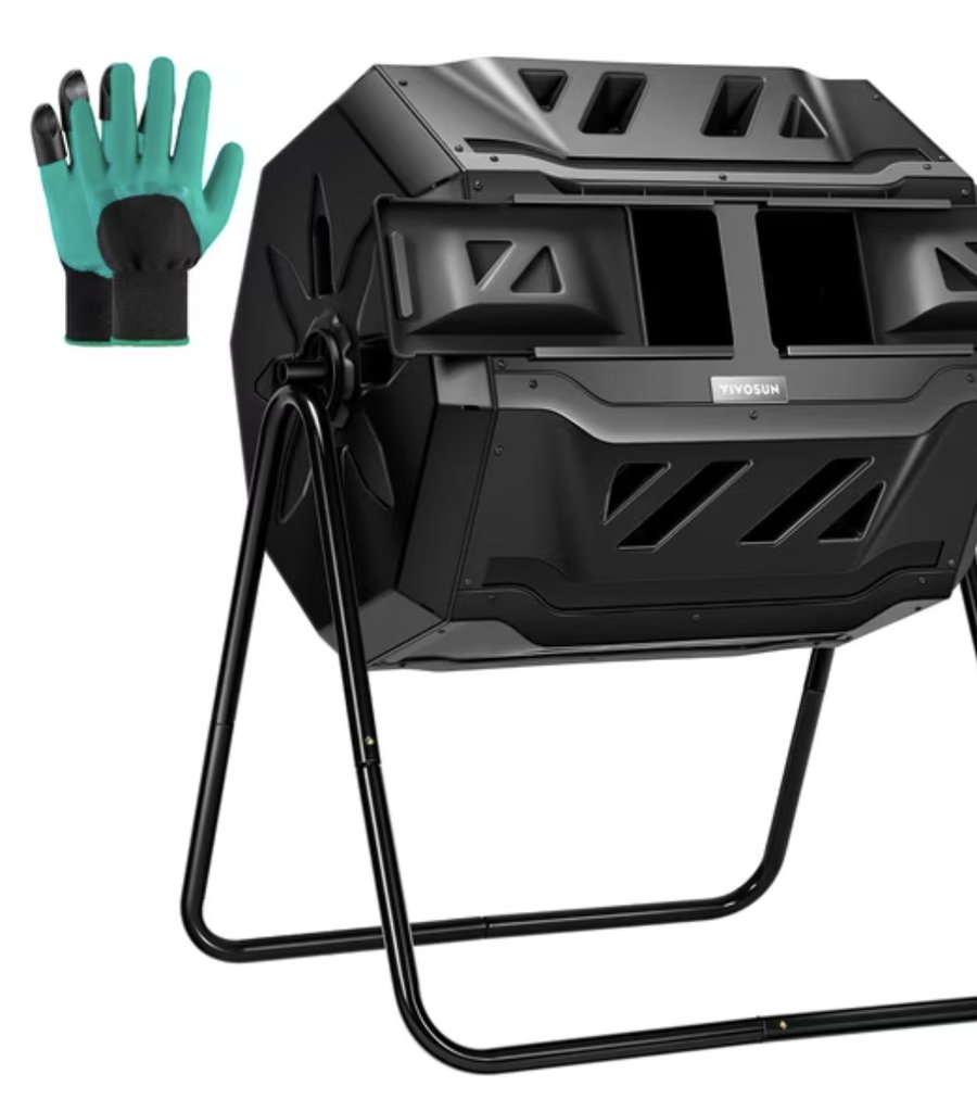 Black octagonal VIVOSUN compost tumbler with dual chambers on a metal frame