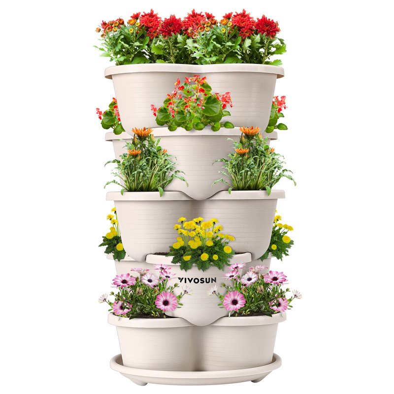 VIVOSUN ivory 5-tier stackable planter tower with flowers and herbs growing in each tier