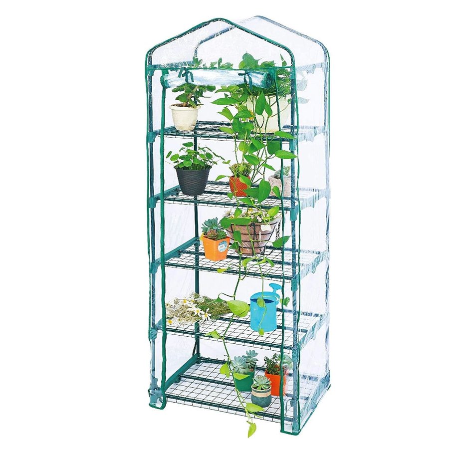 Portable 5-tier mini greenhouse with clear PE cover for overwintering potted plants