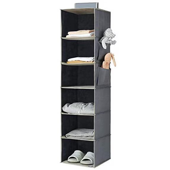 YOUDENOVA grey fabric hanging closet organizer with six square shelves hung from a closet rod